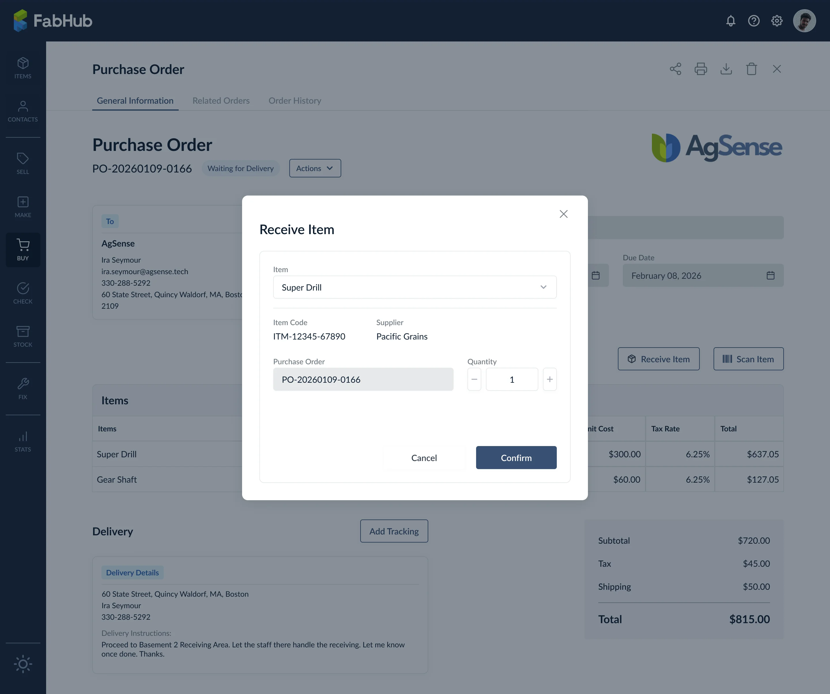 Modal zum Artikelempfang mit Mengeneingabe