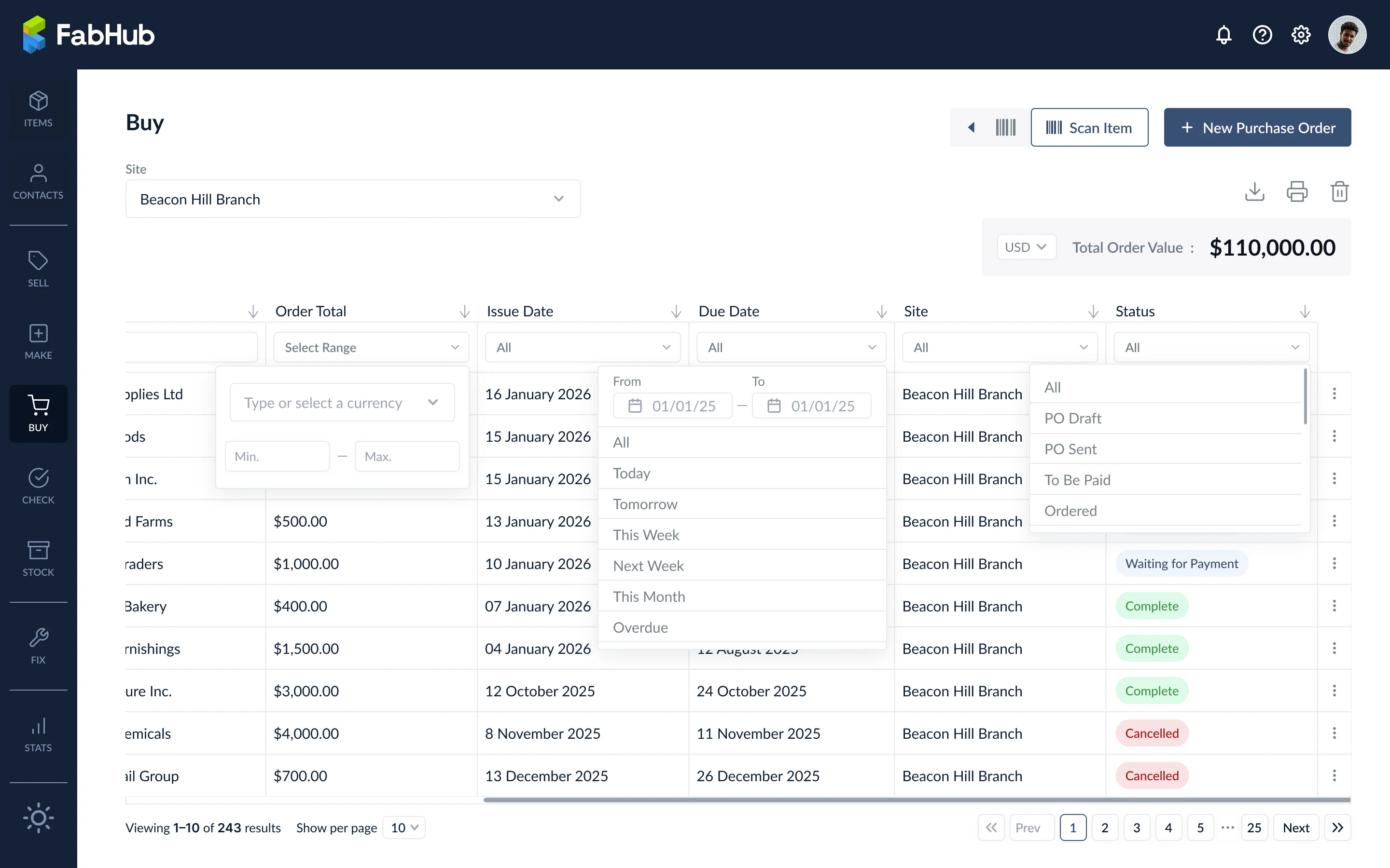 Spaltenfilter-Dropdowns der Buy-Tabelle