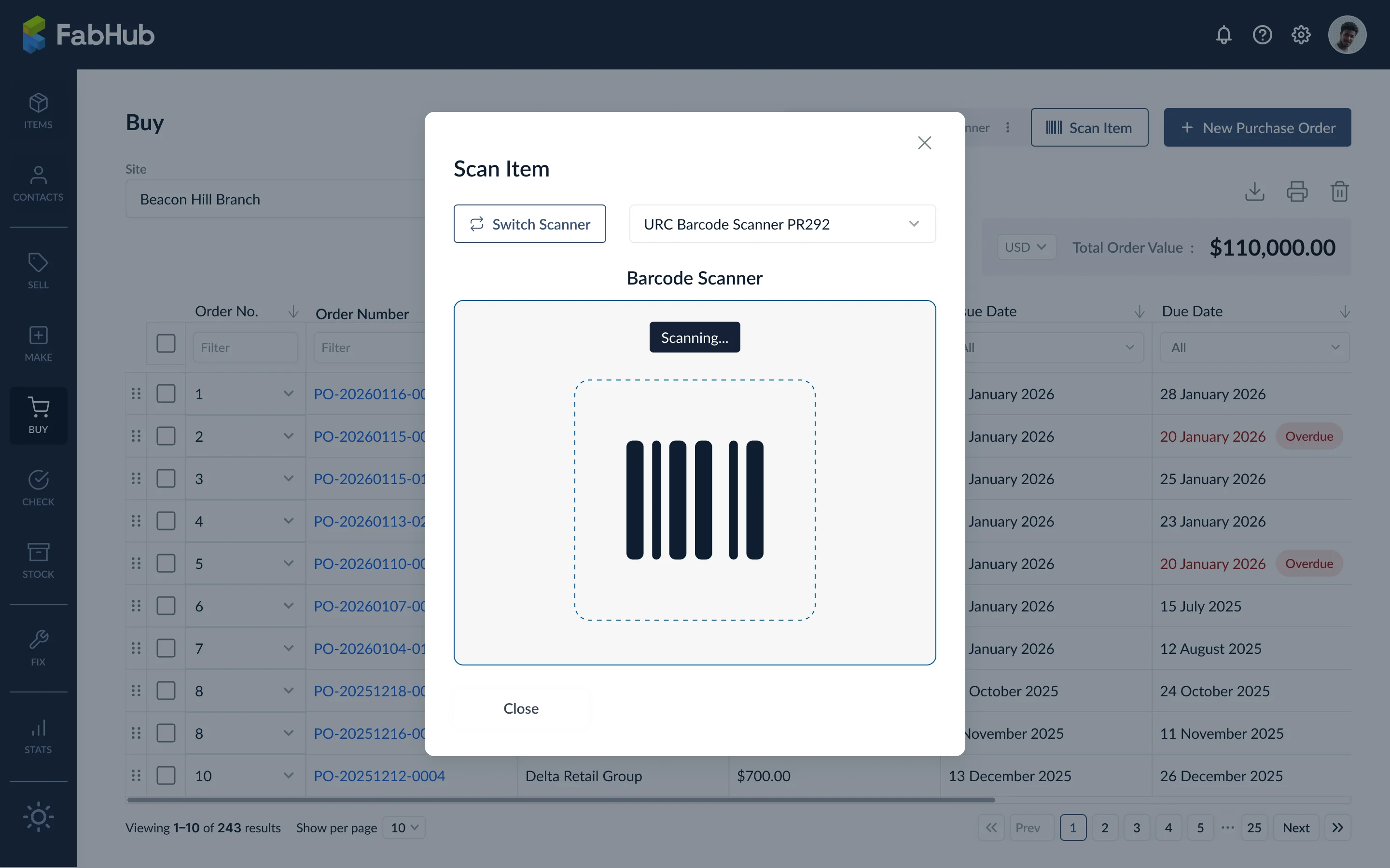 Barcode-Scanner aktiv im Buy-Modul