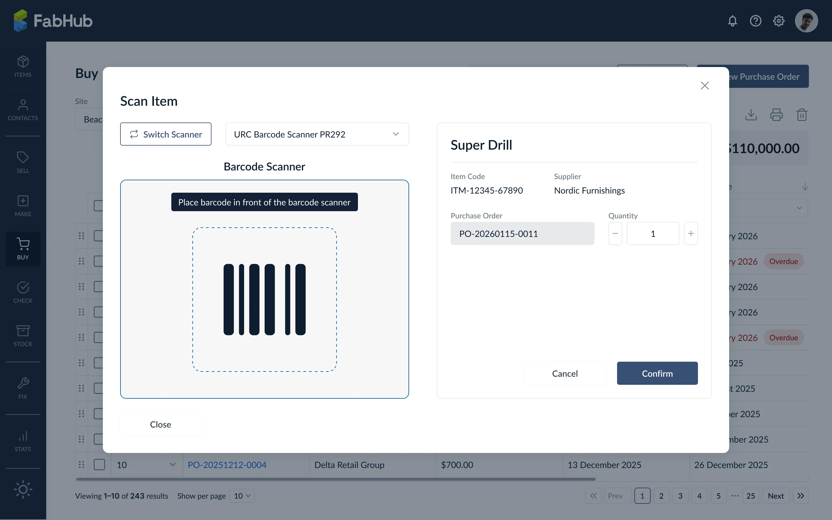 Barcode-Scanner mit erkanntem Artikel