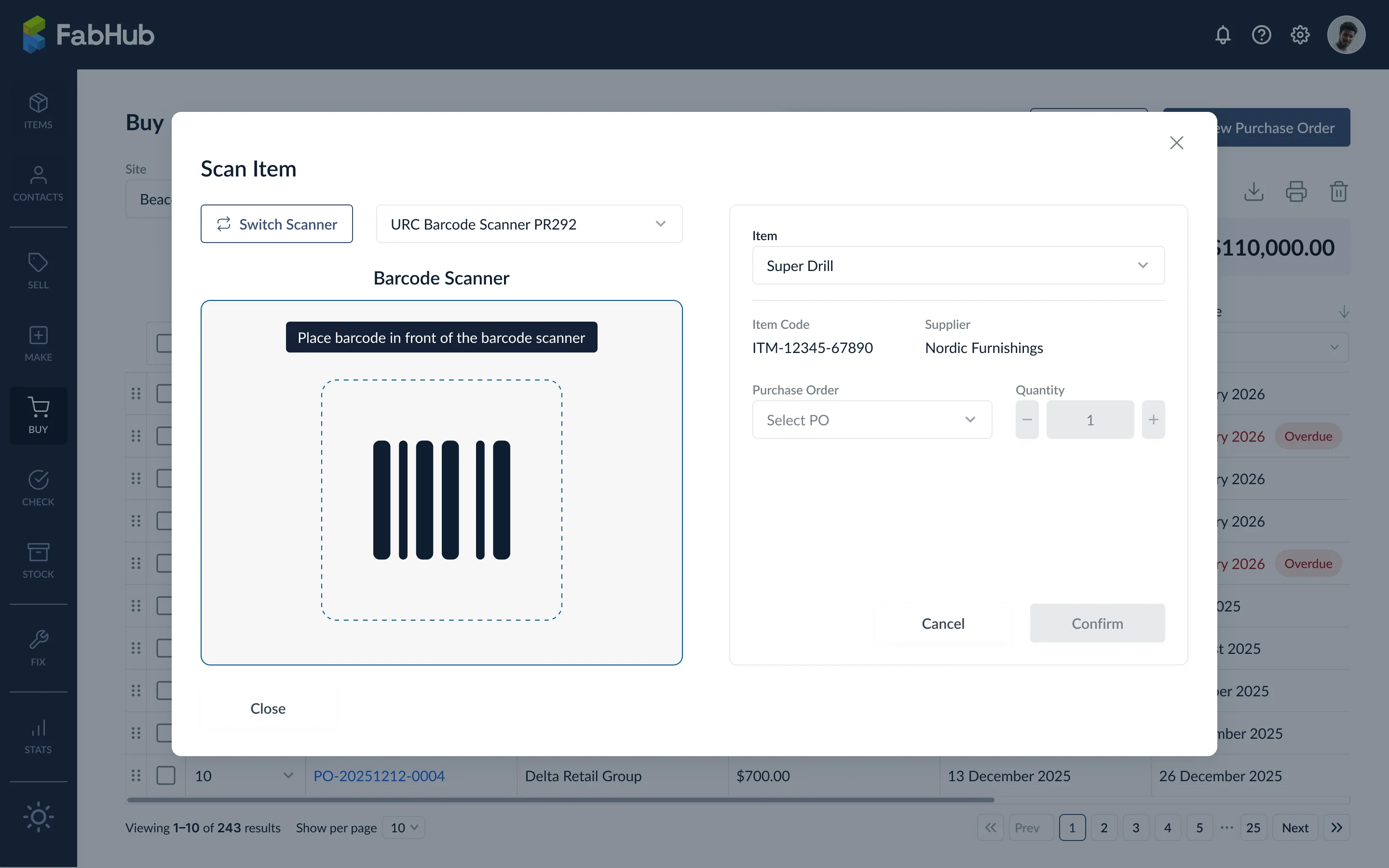 Barcode-Scanner mit erkanntem, nicht zugeordnetem Artikel