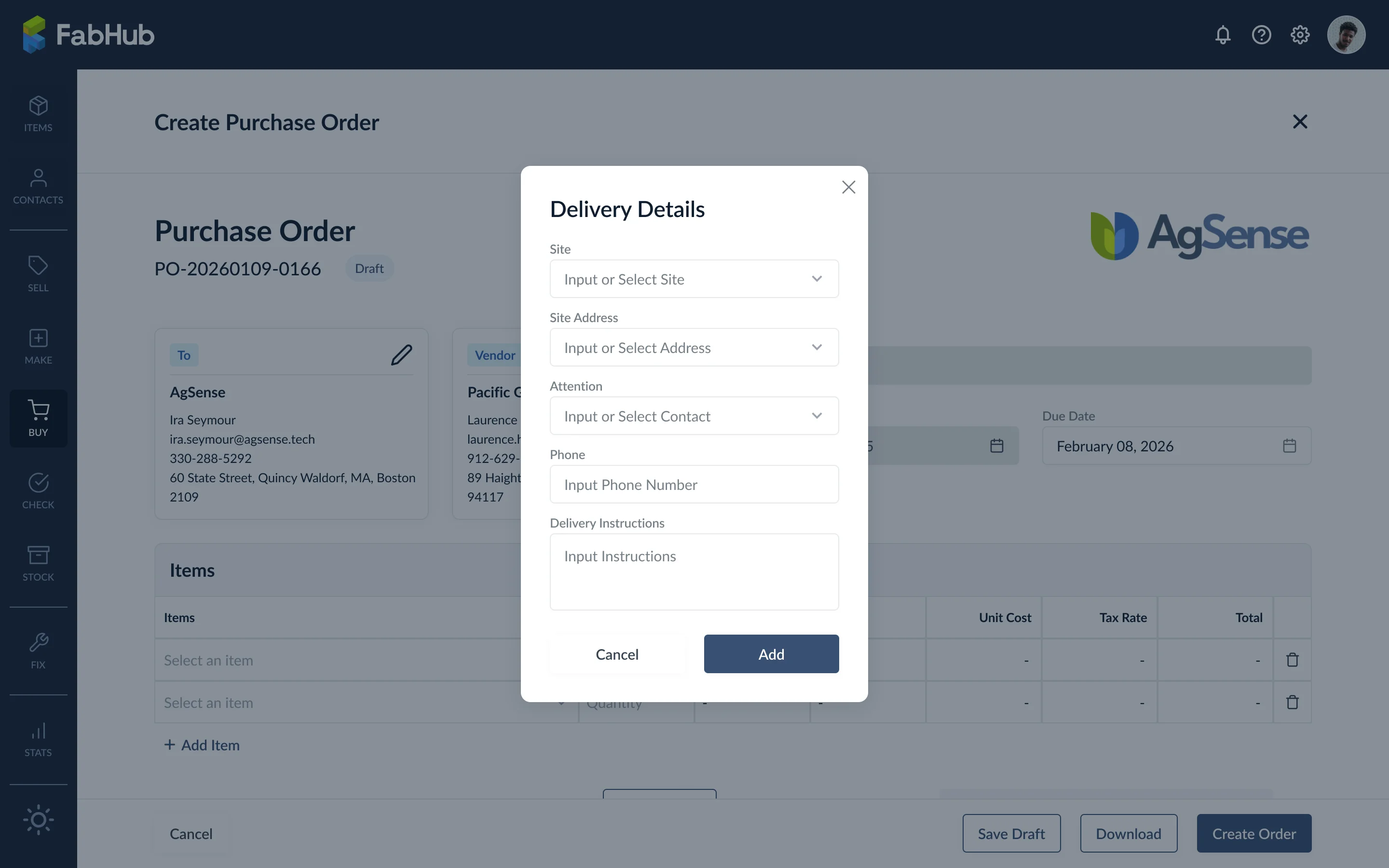 Formular für Lieferdetails auf dem Bildschirm zur Erstellung der Bestellung