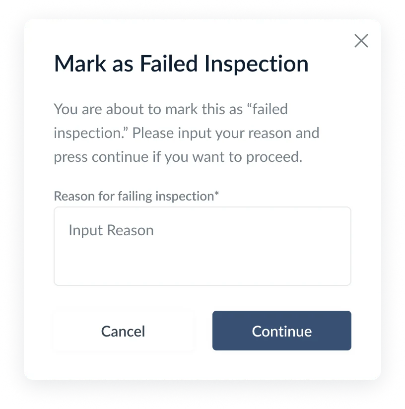 Modal zur Markierung als Failed Inspection aus einer Bestellung
