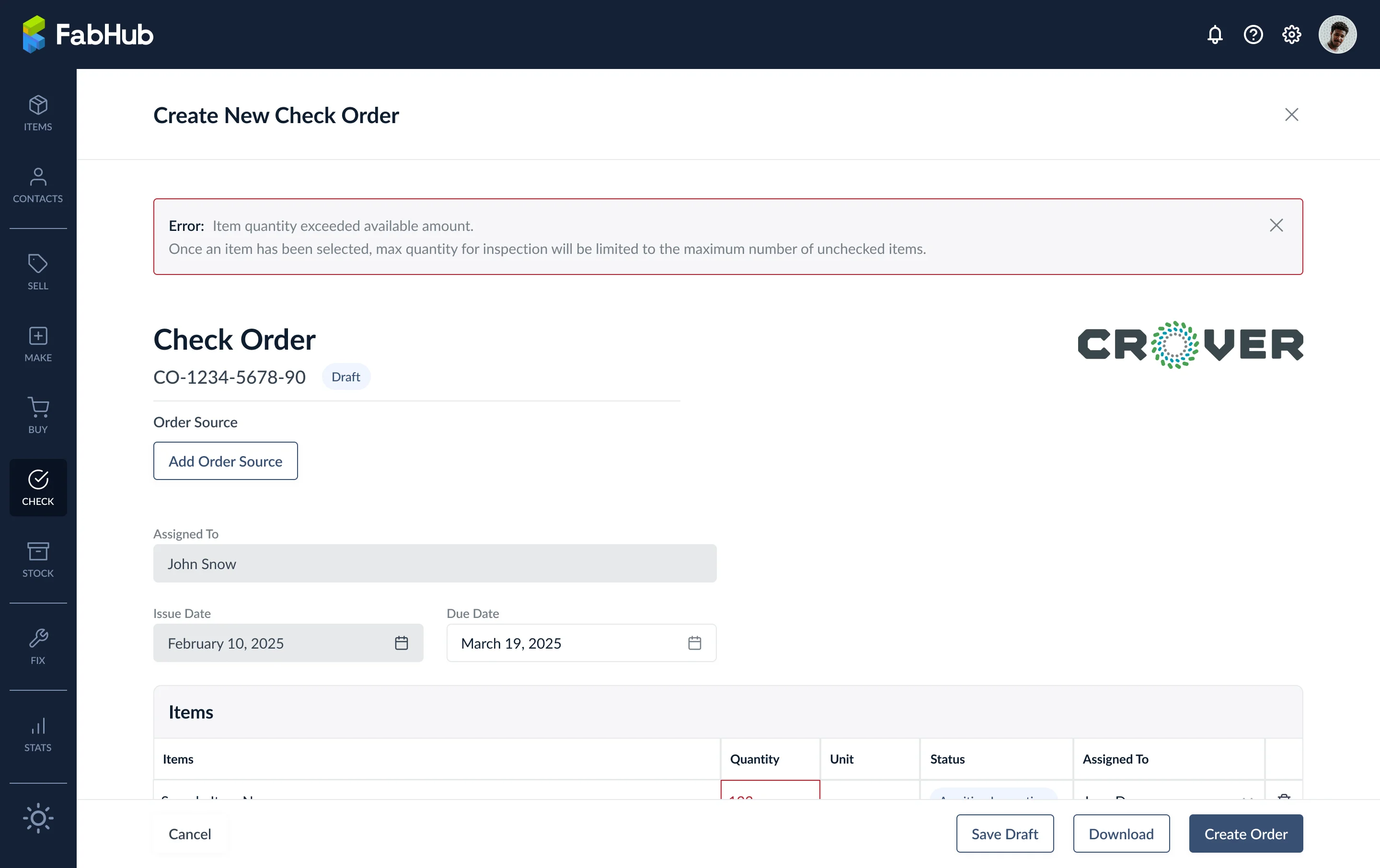 Quantity exceeded error banner