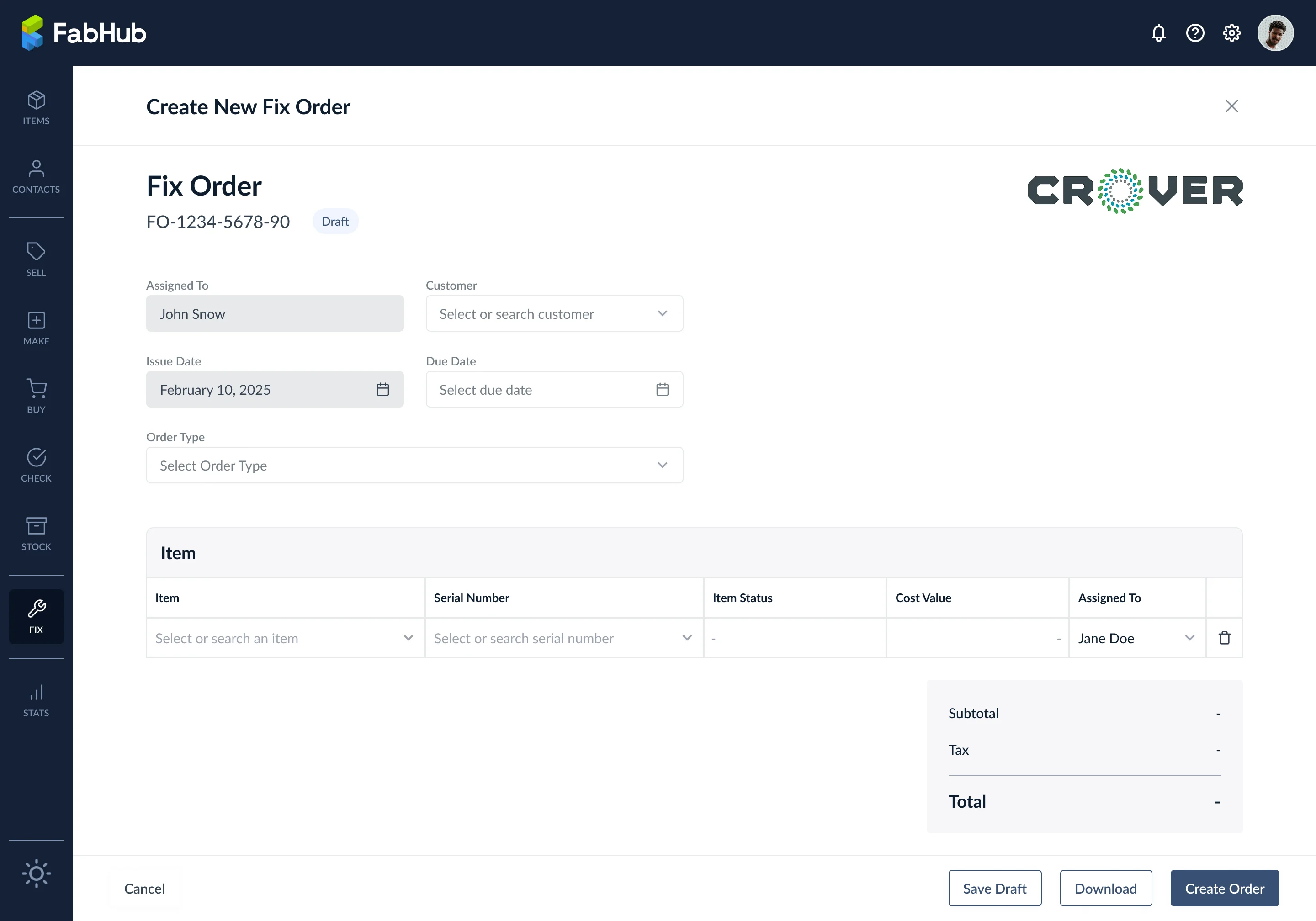 Create New Fix Order form opened from scratch