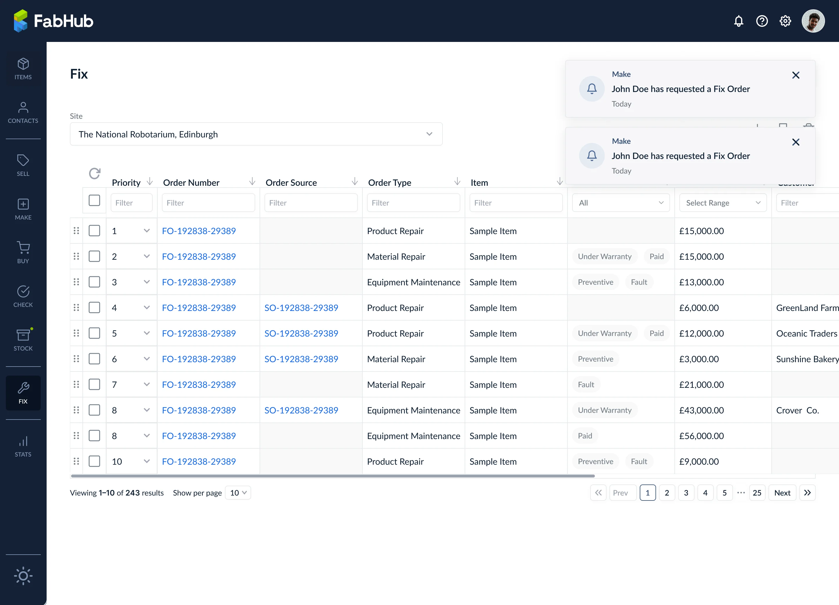 Fix Order Request modal triggered from a source order