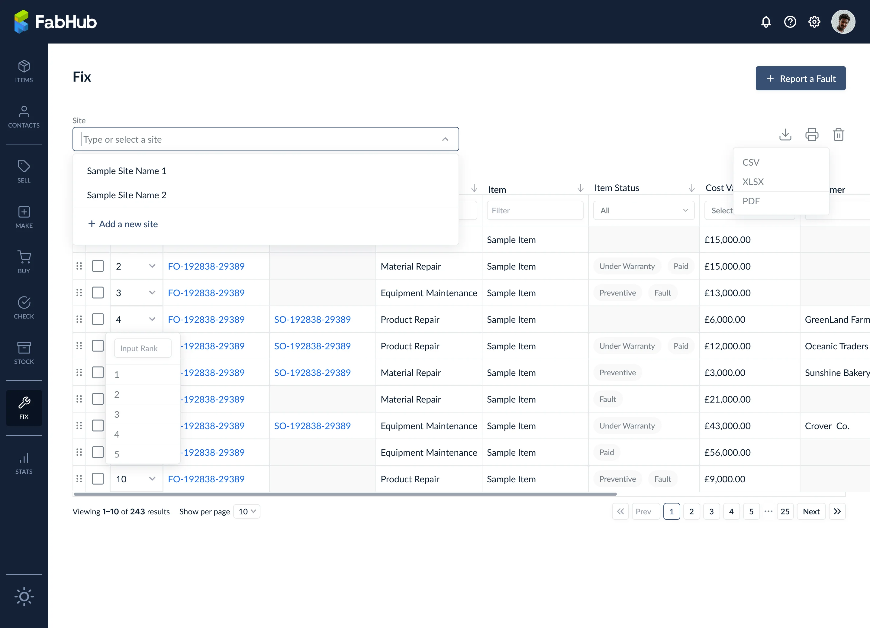 Site dropdown on the Fix dashboard