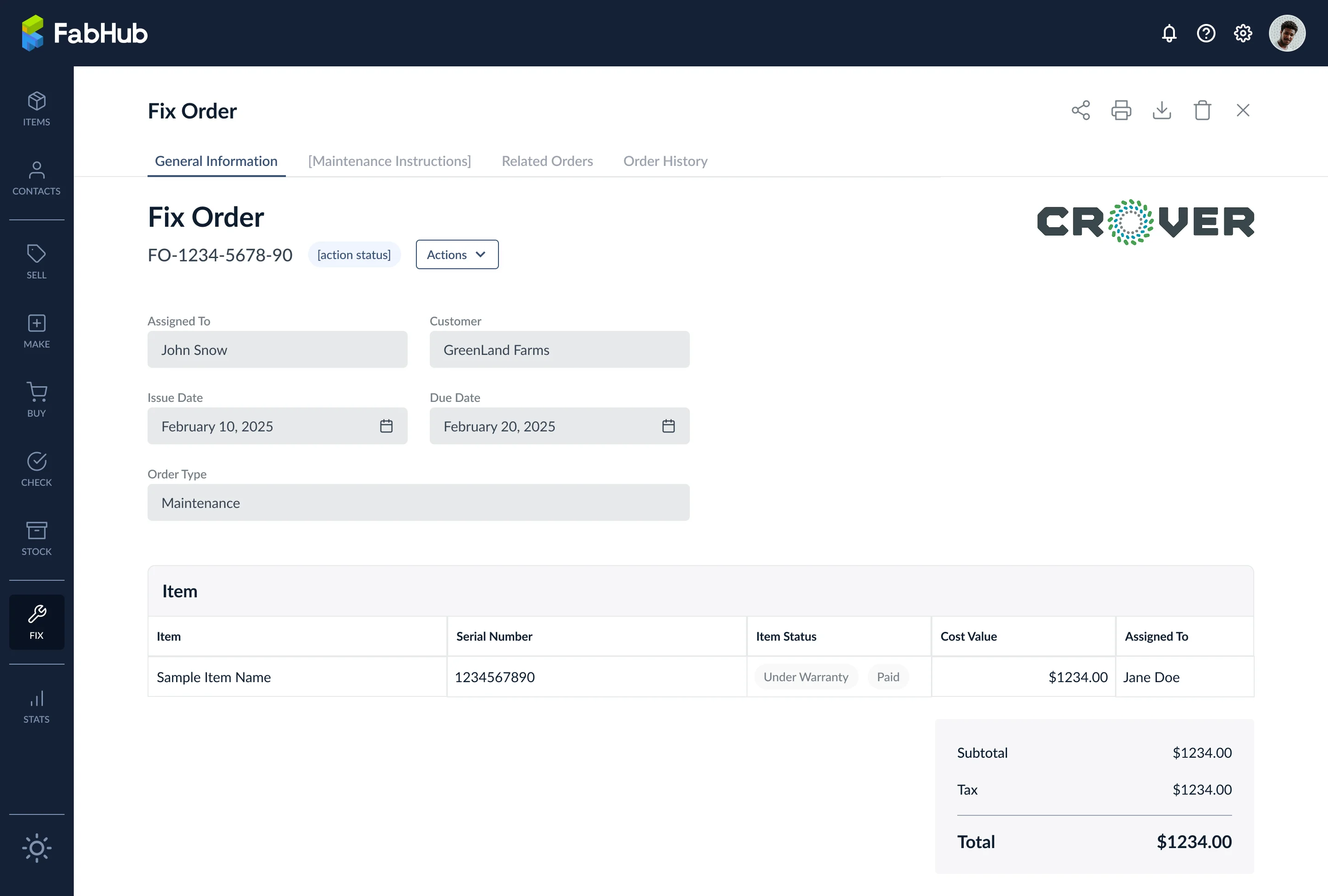General Information tab of a Fix Order
