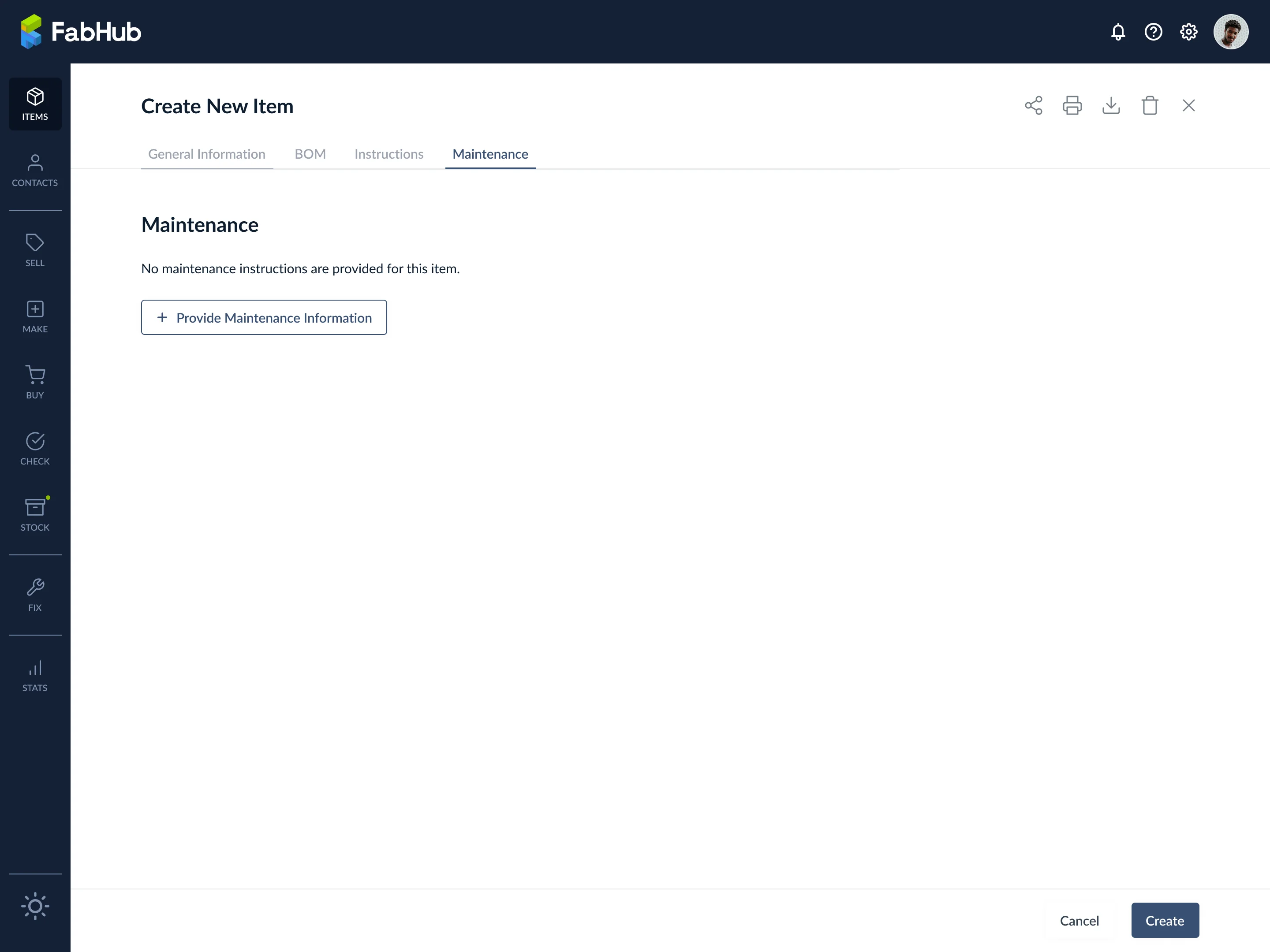 Maintenance tab setup with service type selection