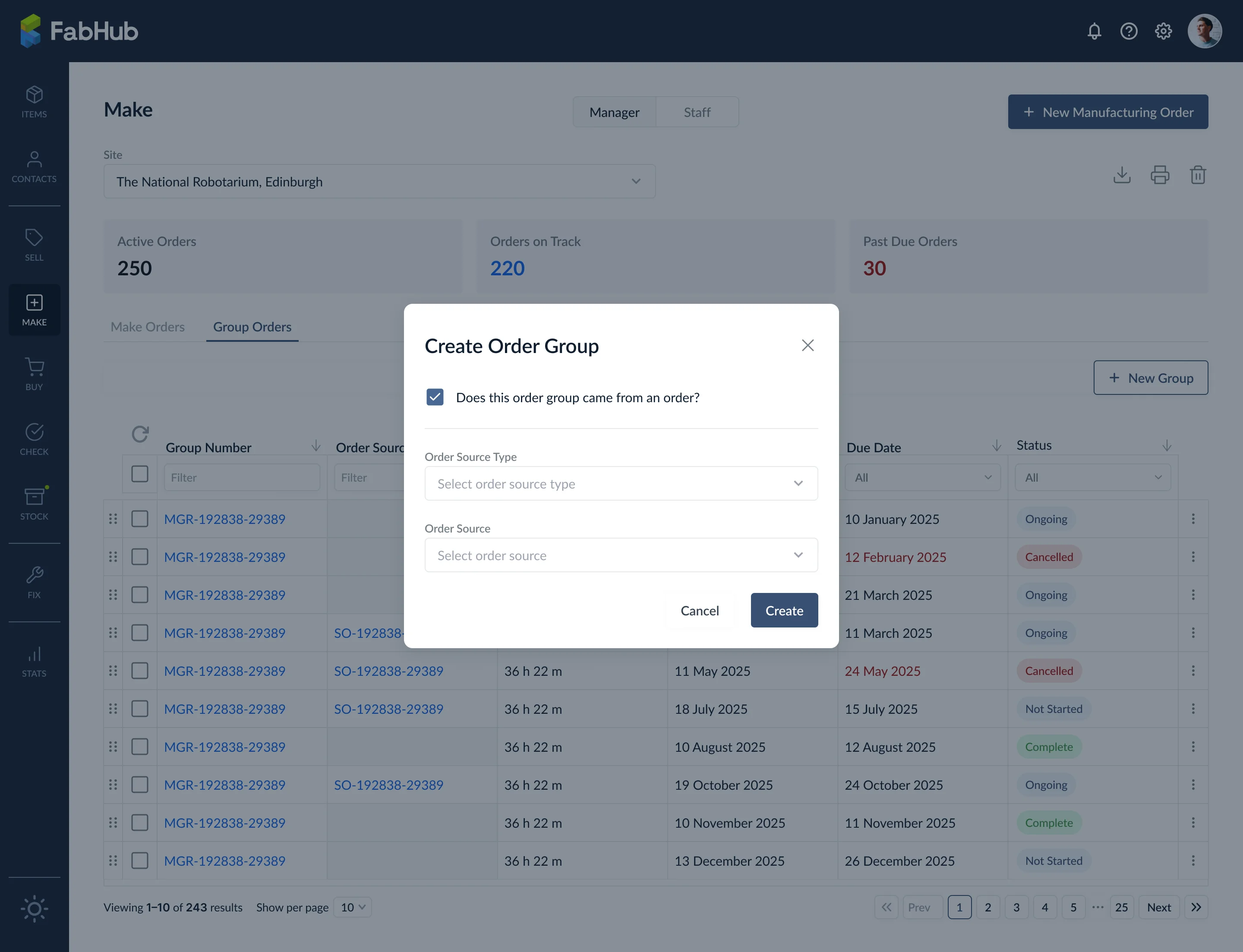 Create order group modal