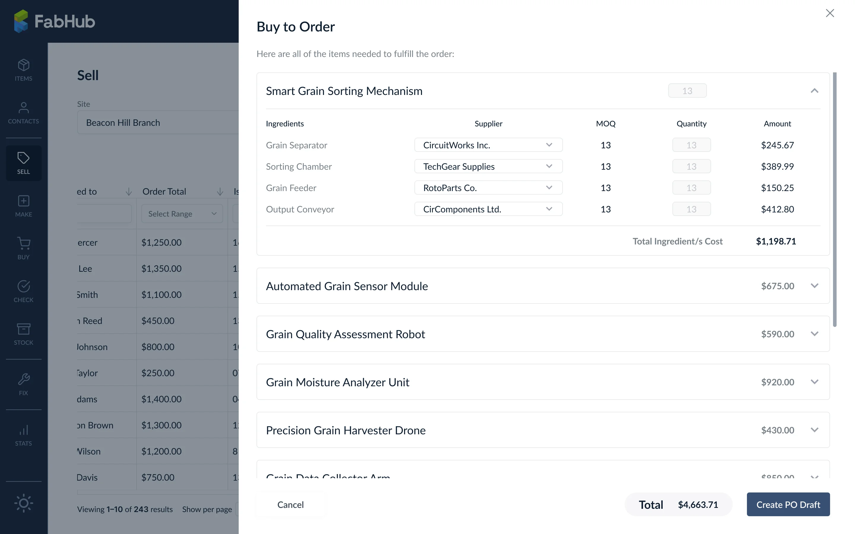 Buy to Order modal showing parent products, ingredients, suppliers and totals