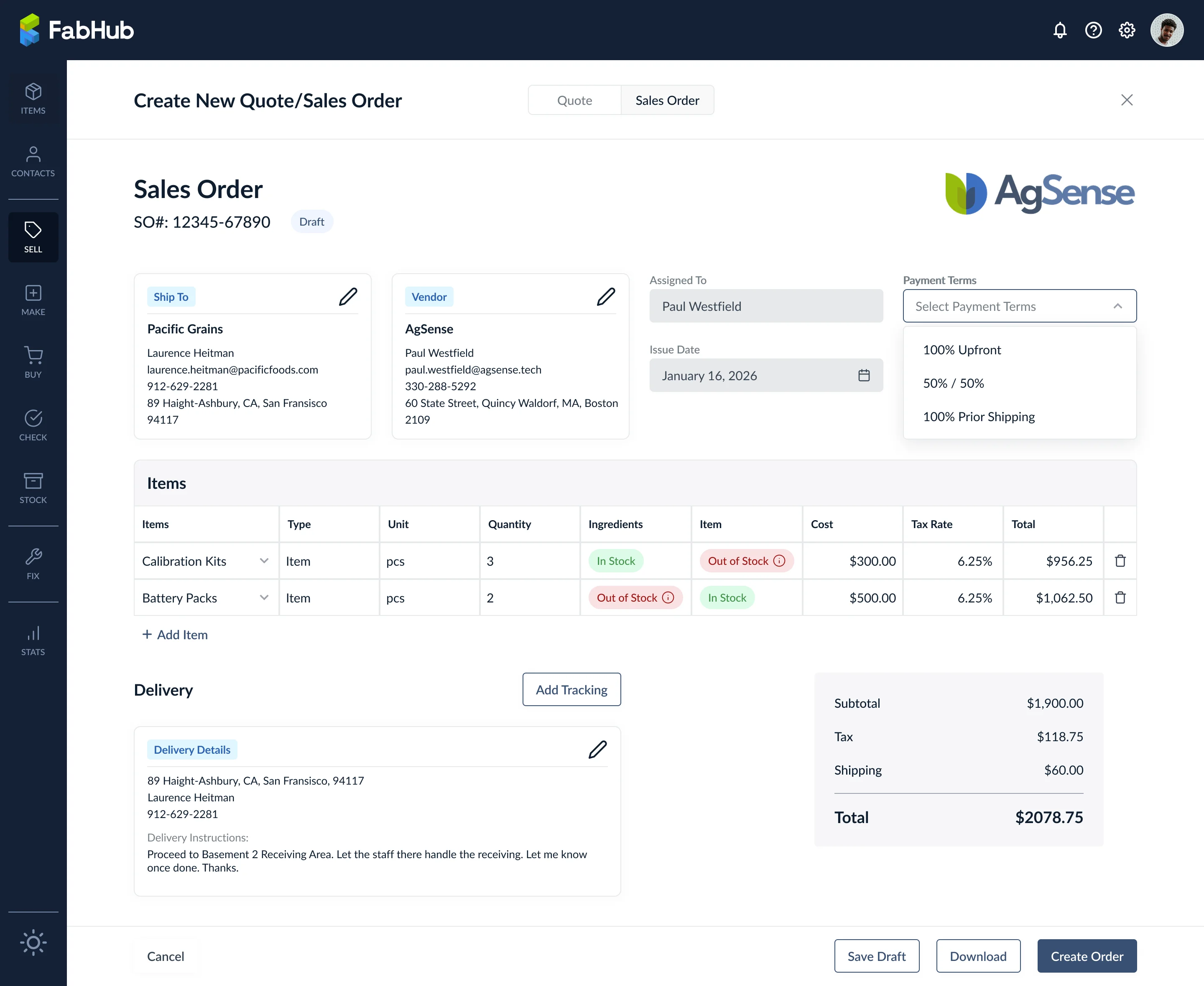 Sales Order con il menu a tendina Payment Terms espanso che mostra le opzioni di pagamento