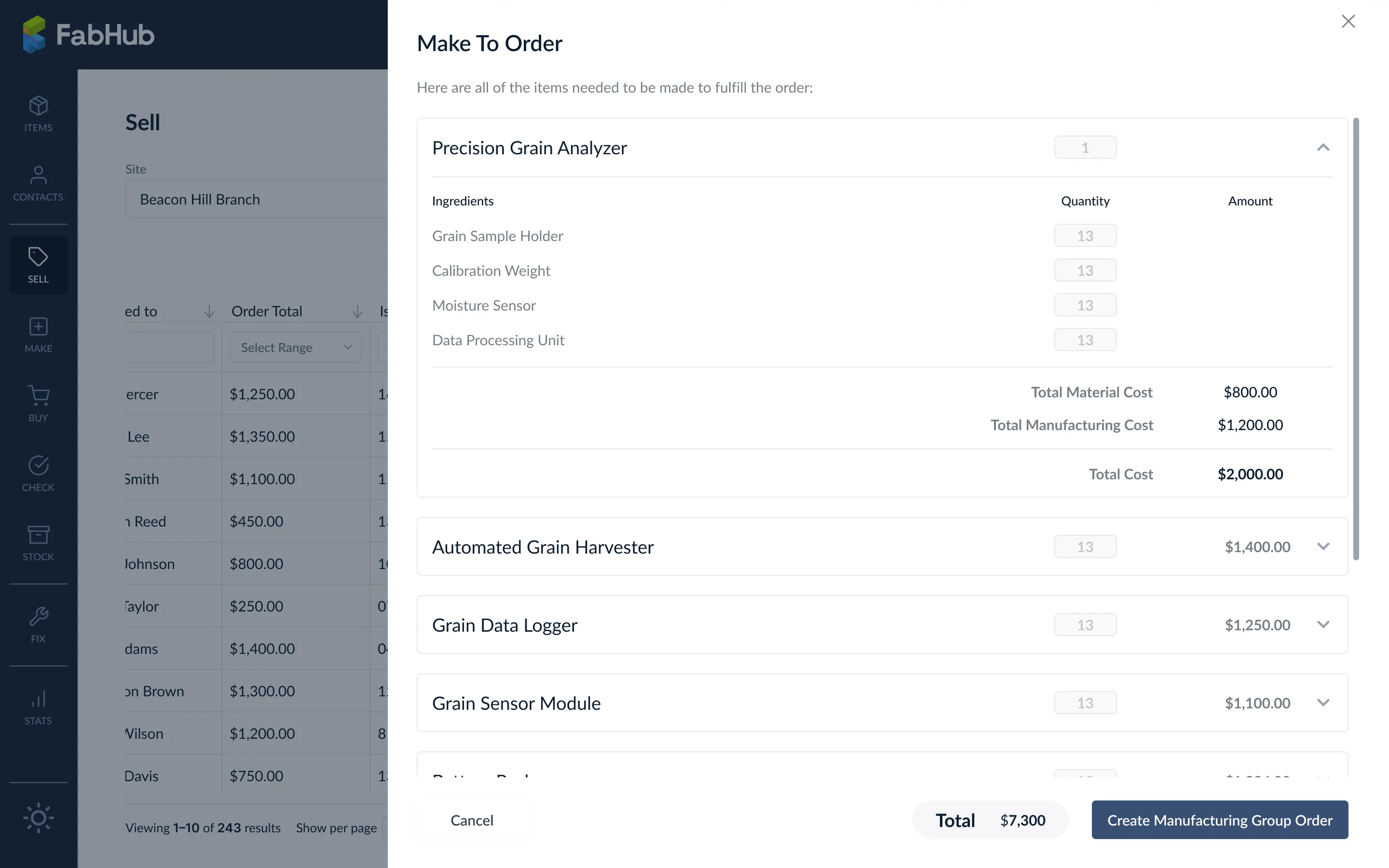Make to Order modal listing finished products with material requirements