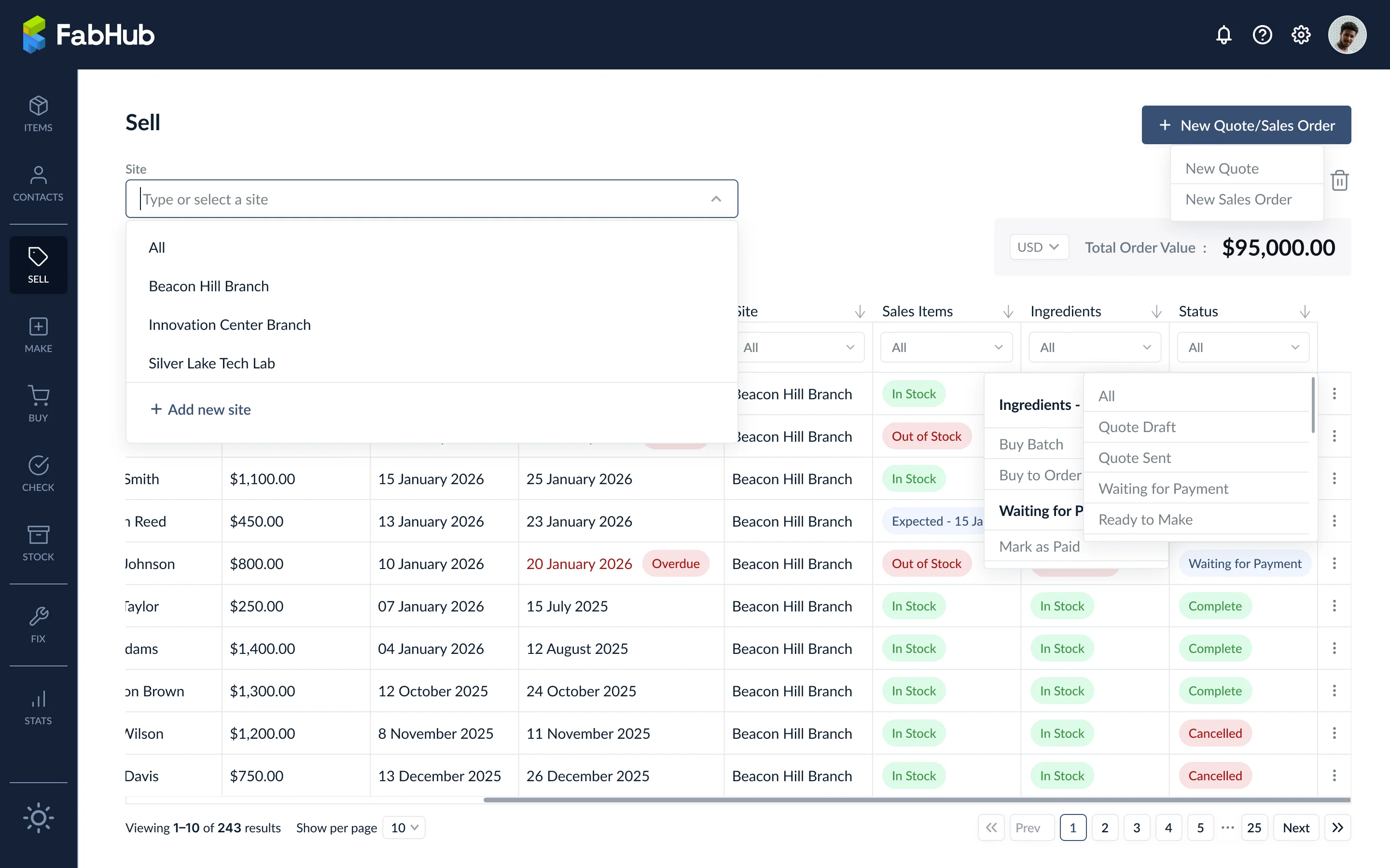 Site dropdown opened on the Sell dashboard with the Add new site option