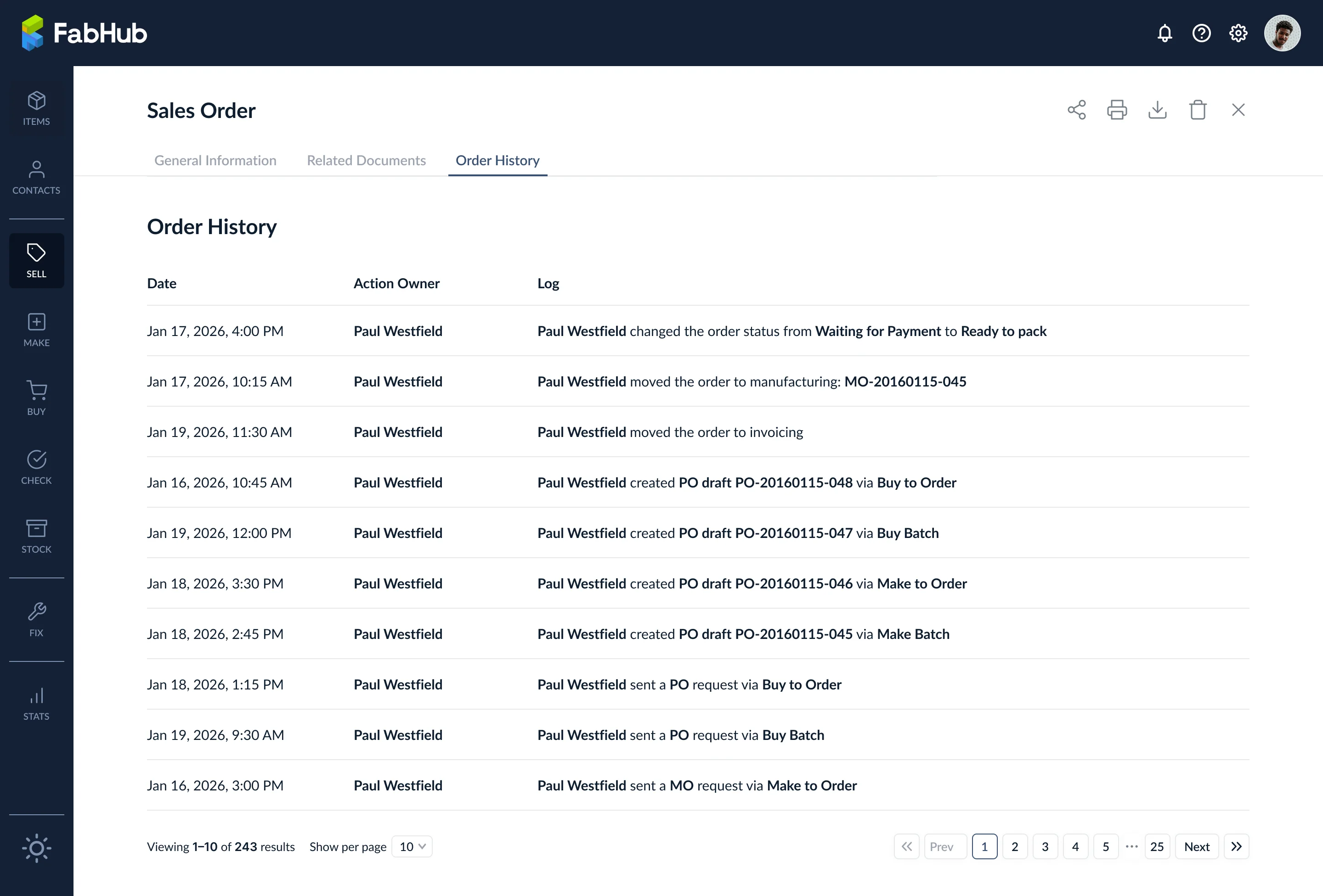 Scheda Order History che mostra le voci del log di audit timestamp per il Sales Order