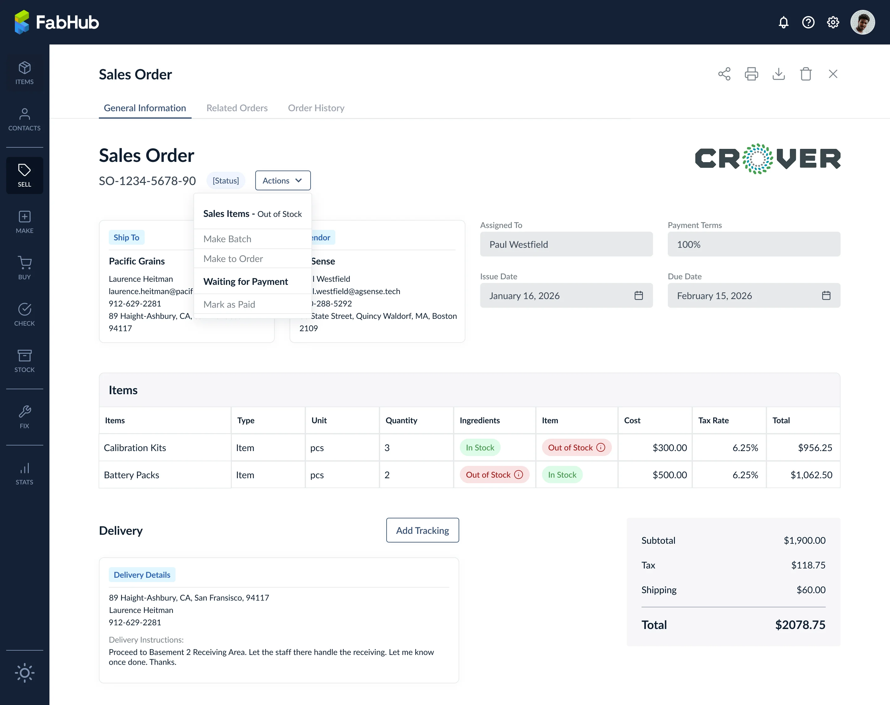 Scheda General Information di Sales Order con il menu Actions aperto sugli articoli Out of Stock