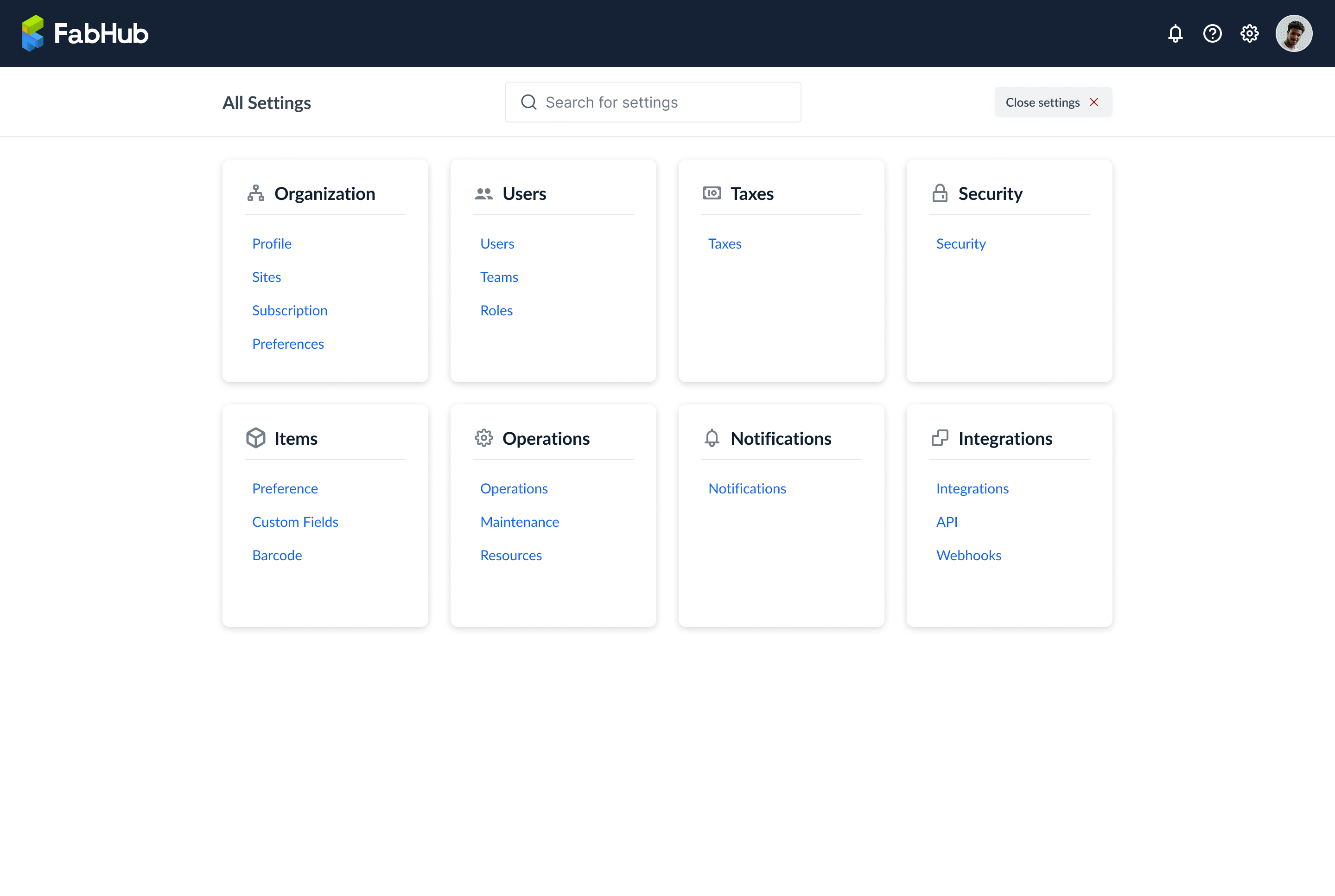 Tableau de bord des paramètres FabHub pour le rôle Administrateur
