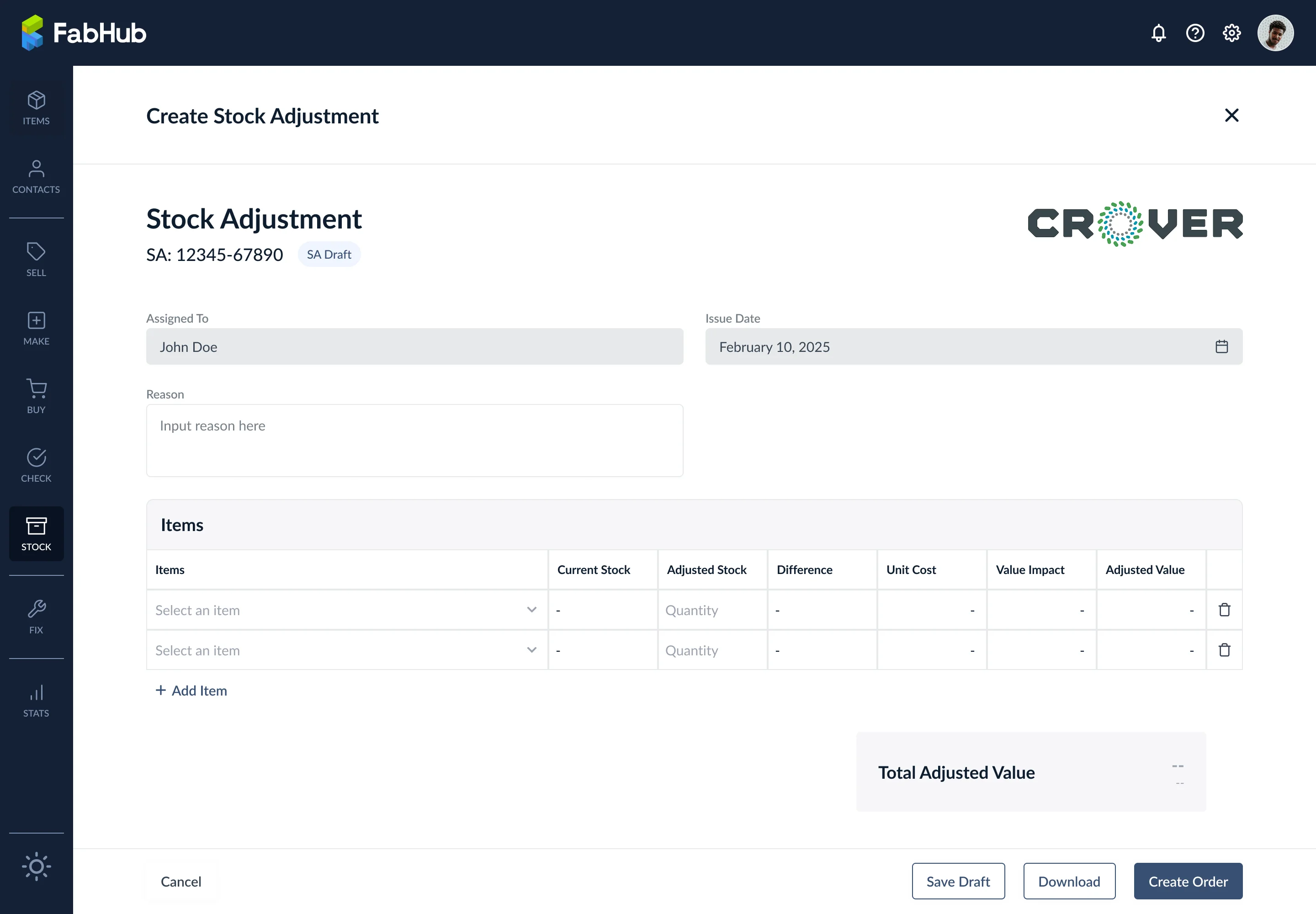 Fenêtre modale Create Stock Adjustment avec assigné à, raison, date d'émission, table des articles et actions Save Draft / Create Order