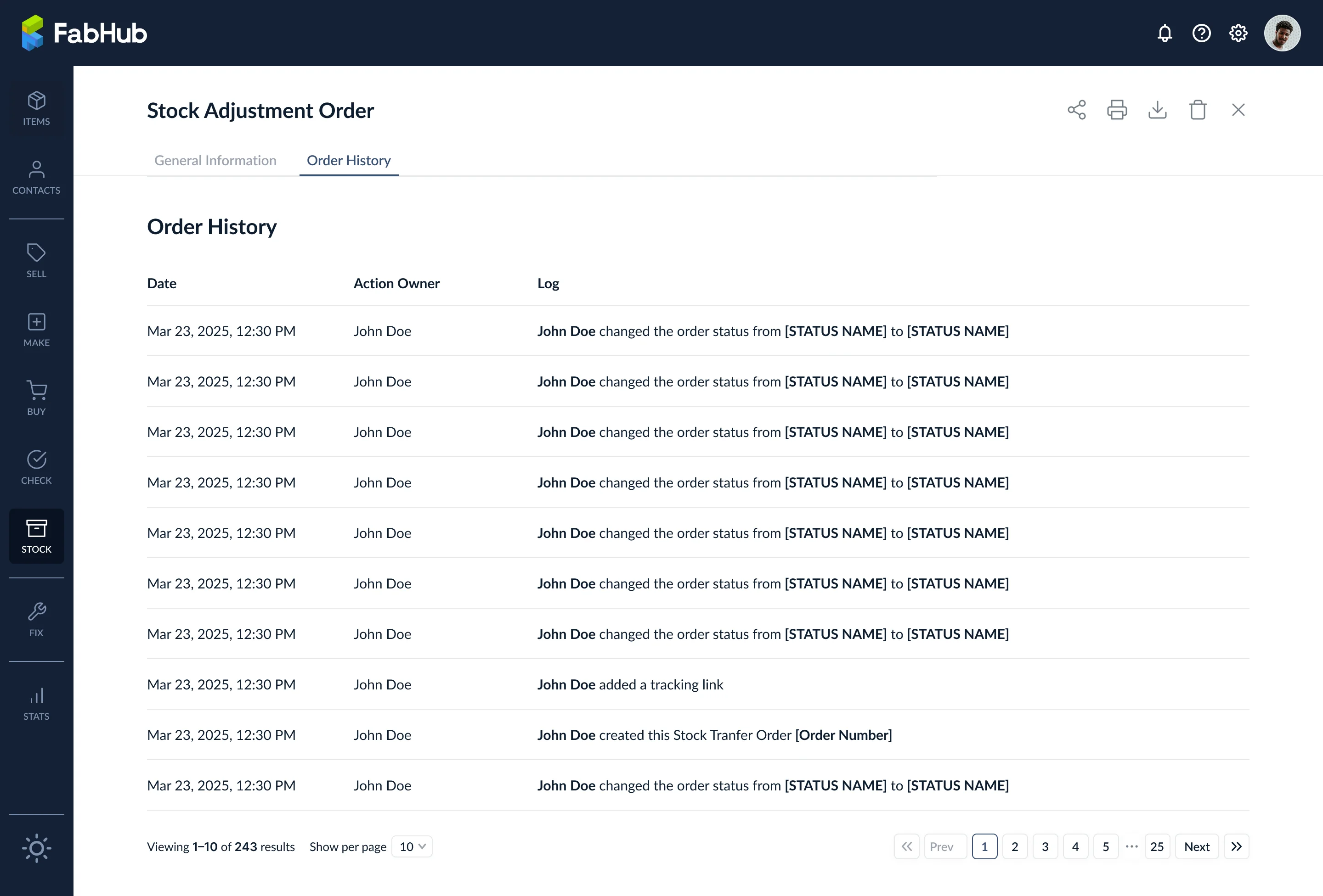 Onglet Order History du Stock Adjustment listant les entrées datées pour les changements de statut et la création, avec le propriétaire d'action et une description de journal pour chaque ligne