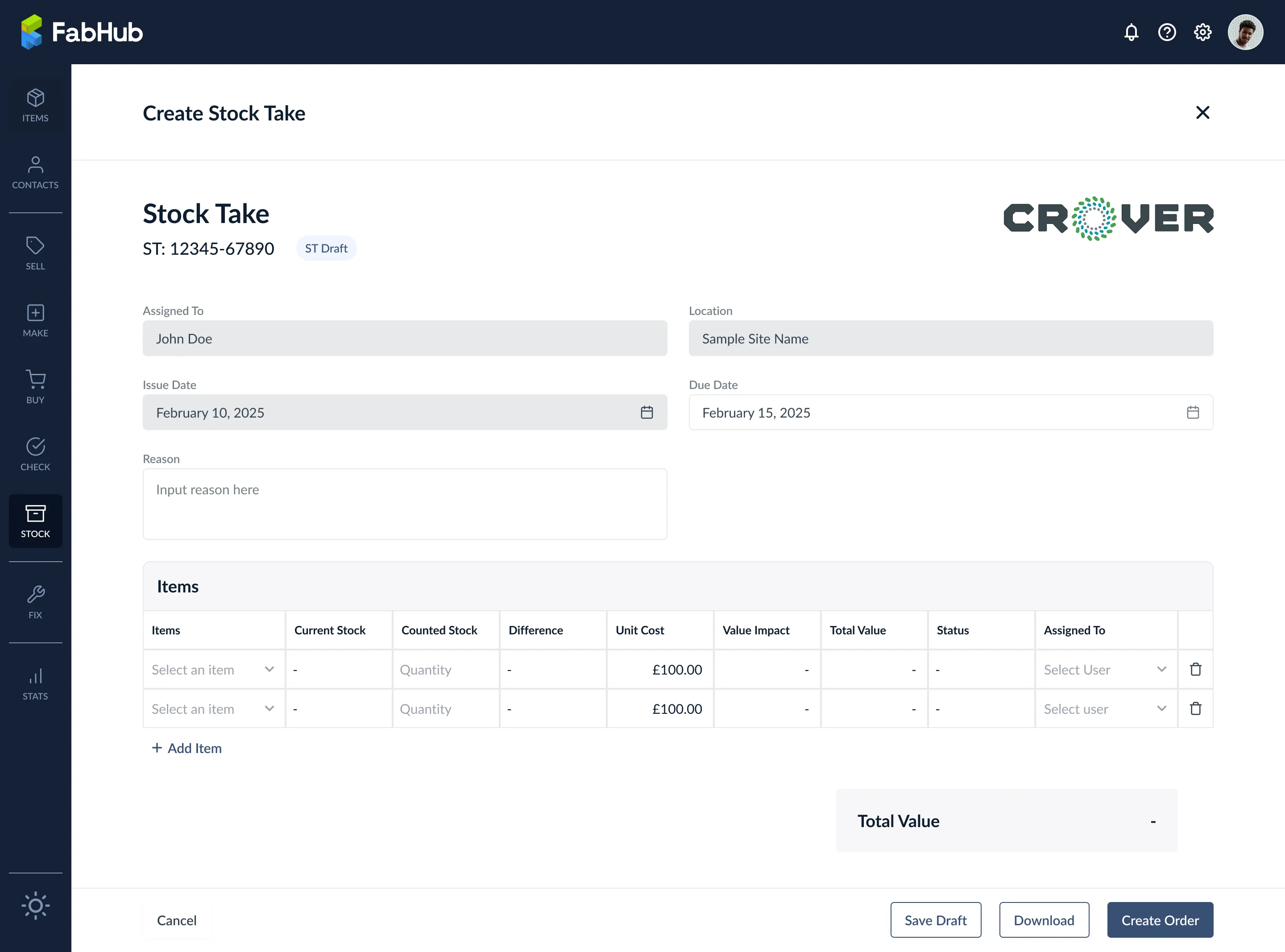 Créer un nouveau Stock Take Order