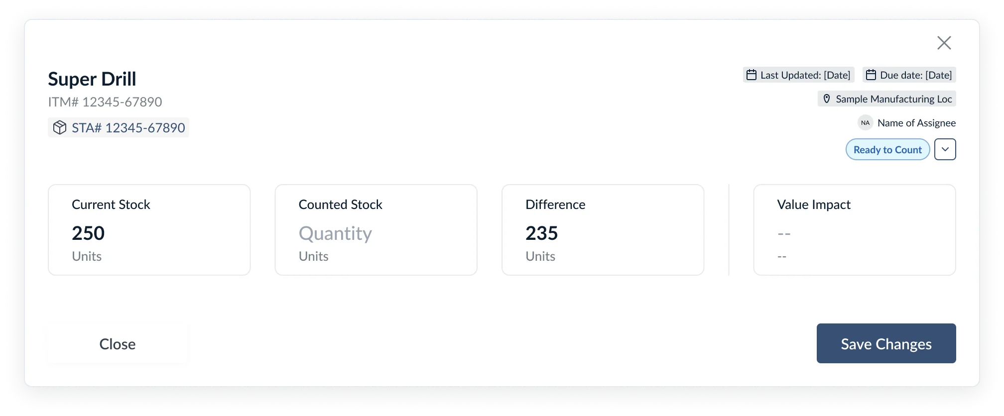 Fenêtre modale de comptage ouverte depuis une carte Kanban
