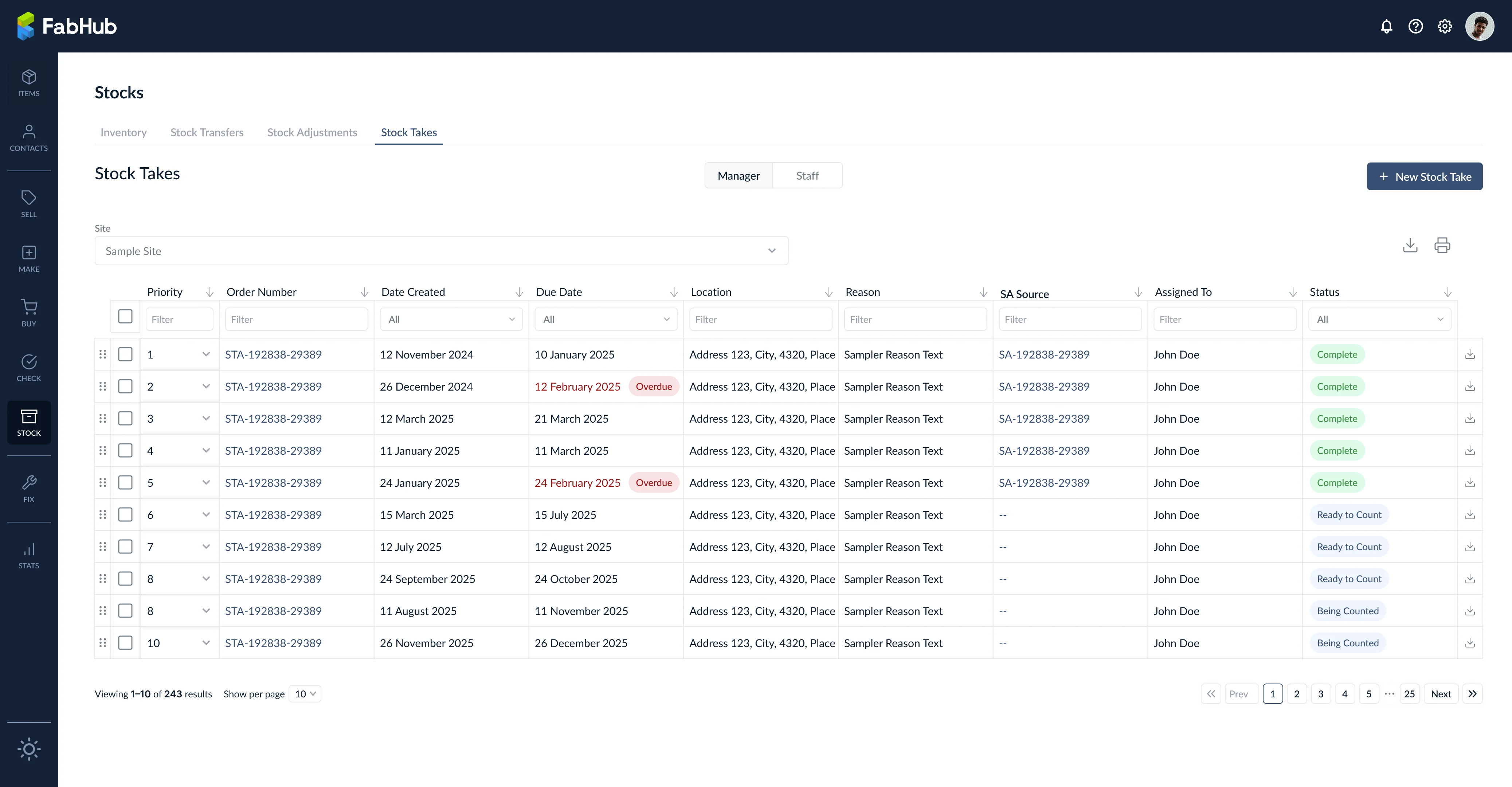 Vue Manager des ordres d'inventaire physique