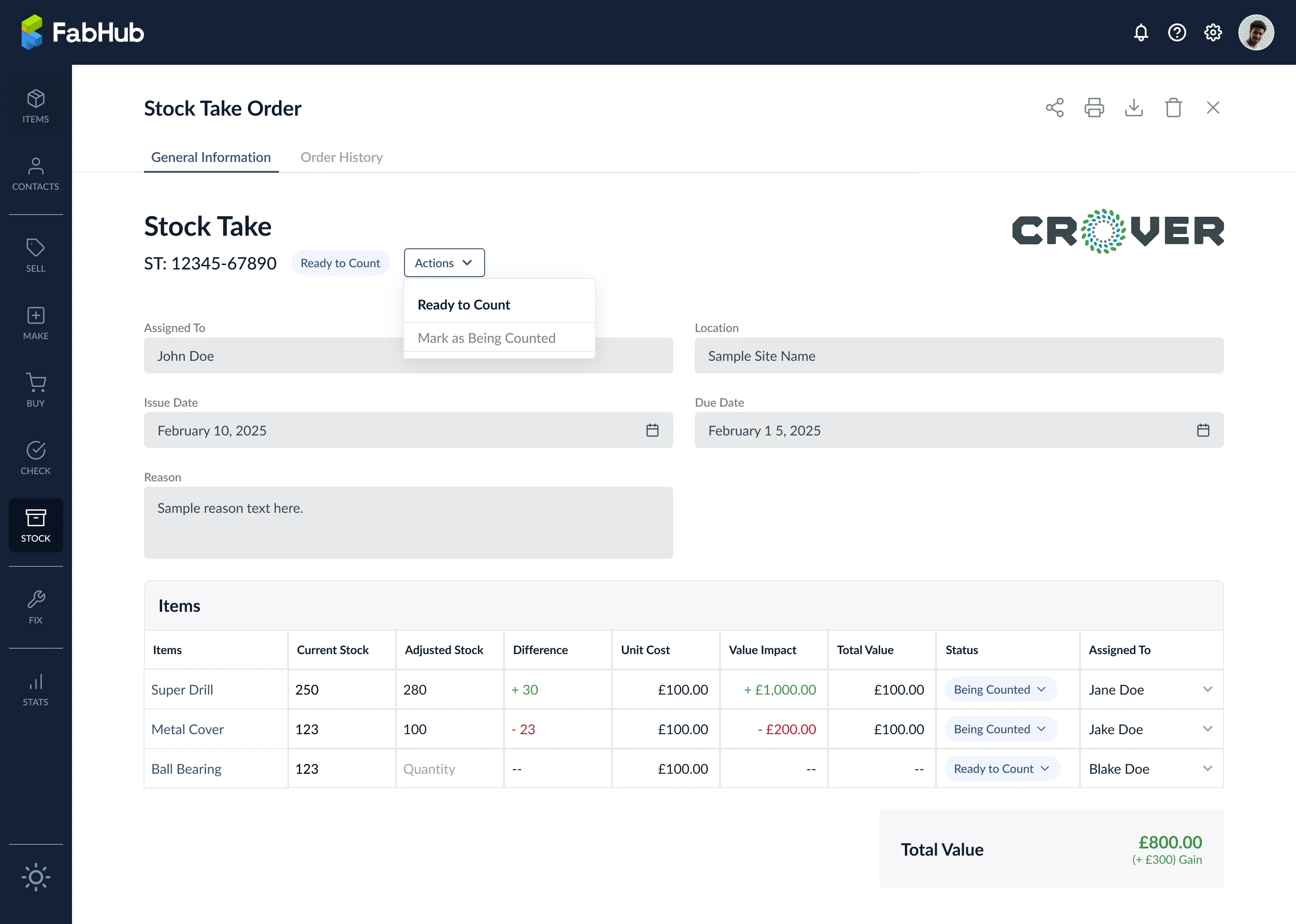 Vue détaillée d'un Stock Take Order avec comptages en direct et impact sur la valeur