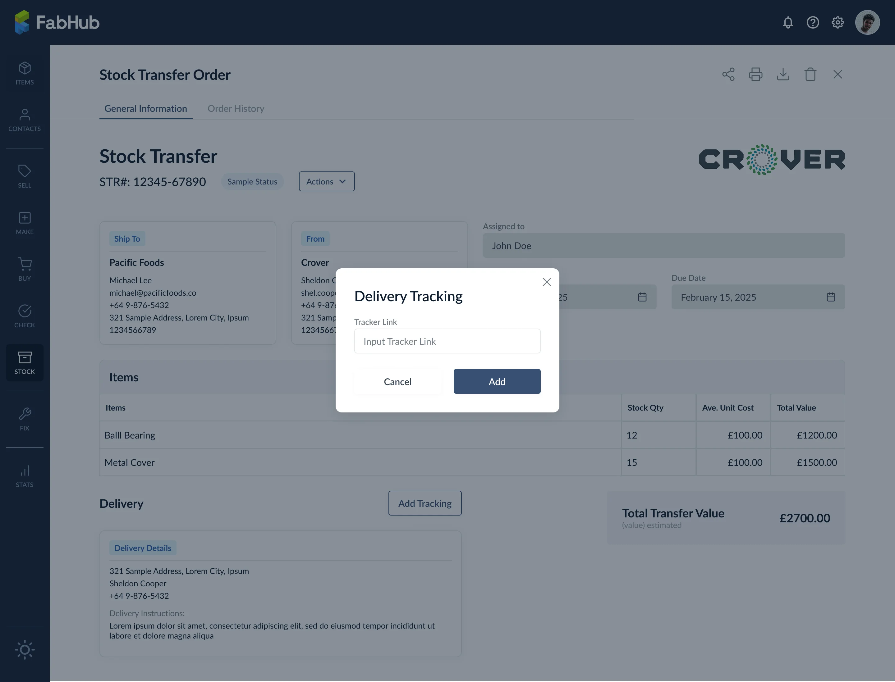 Delivery Tracking-Modal mit dem Tracker Link-Feld für die Kurier-URL