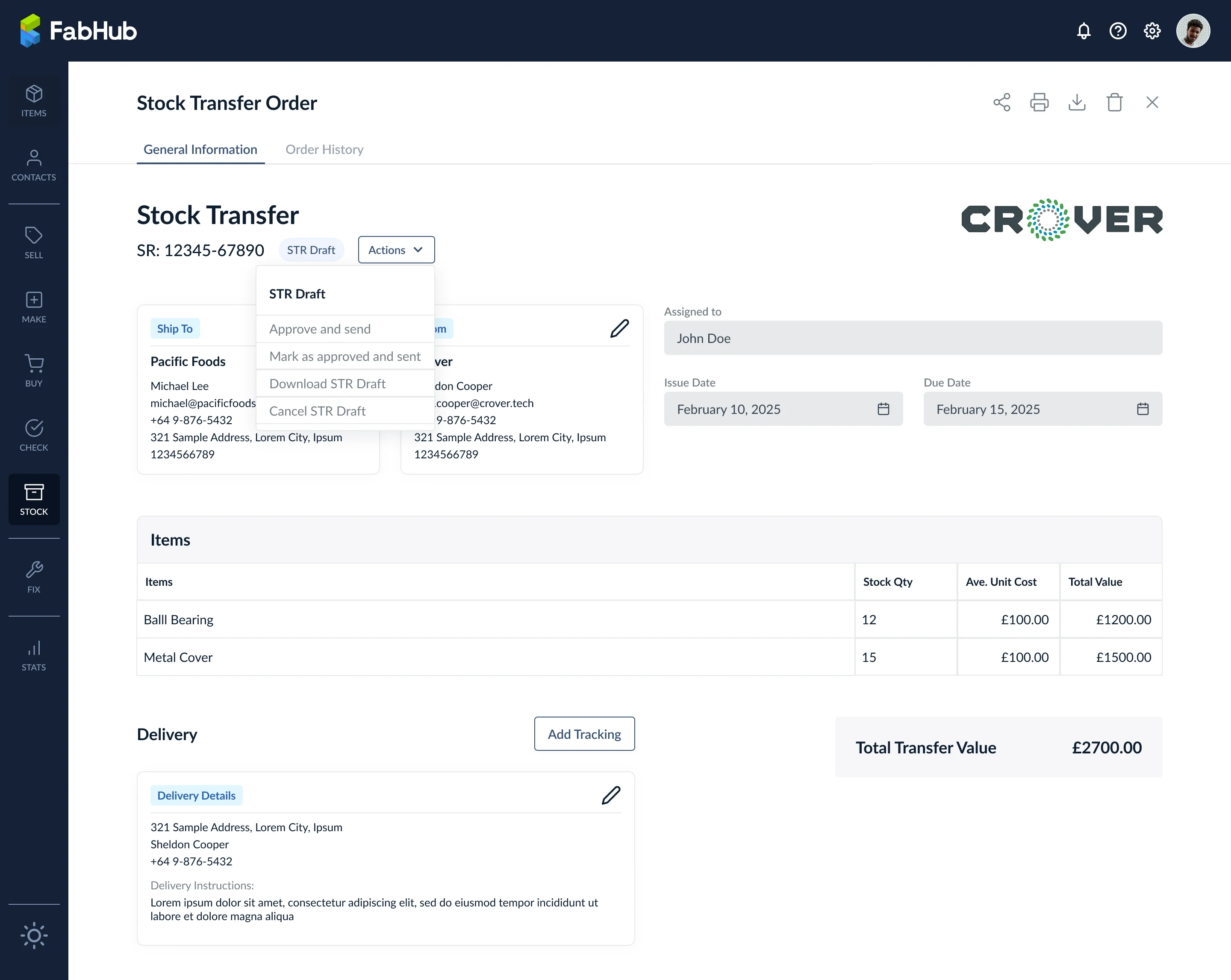 Stock Transfer Order-Ansicht mit geöffnetem Aktionen-Dropdown und Update Status-Bestätigungsmodal