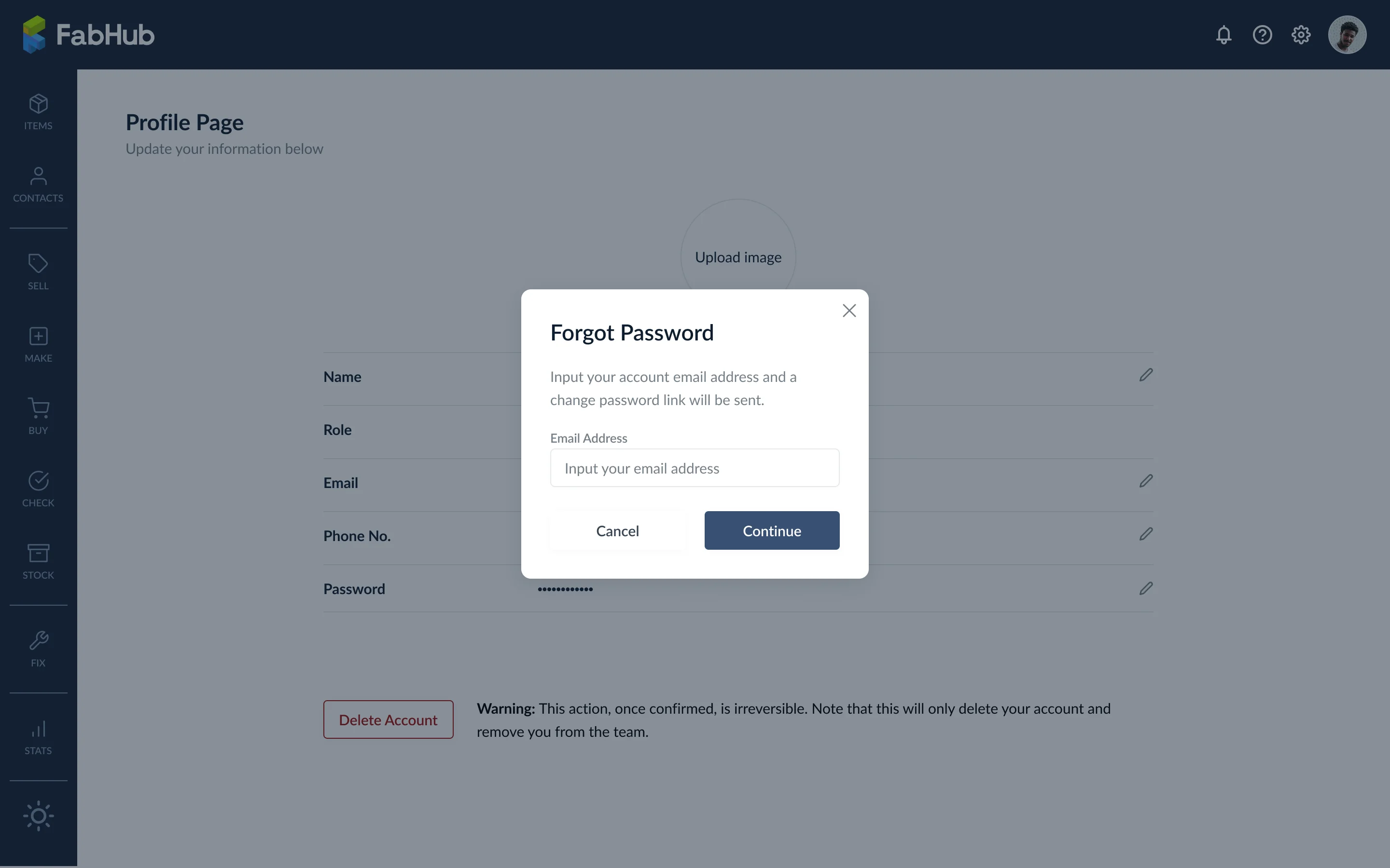 Modal Passwort vergessen mit E-Mail-Eingabe und Continue-Schaltfläche