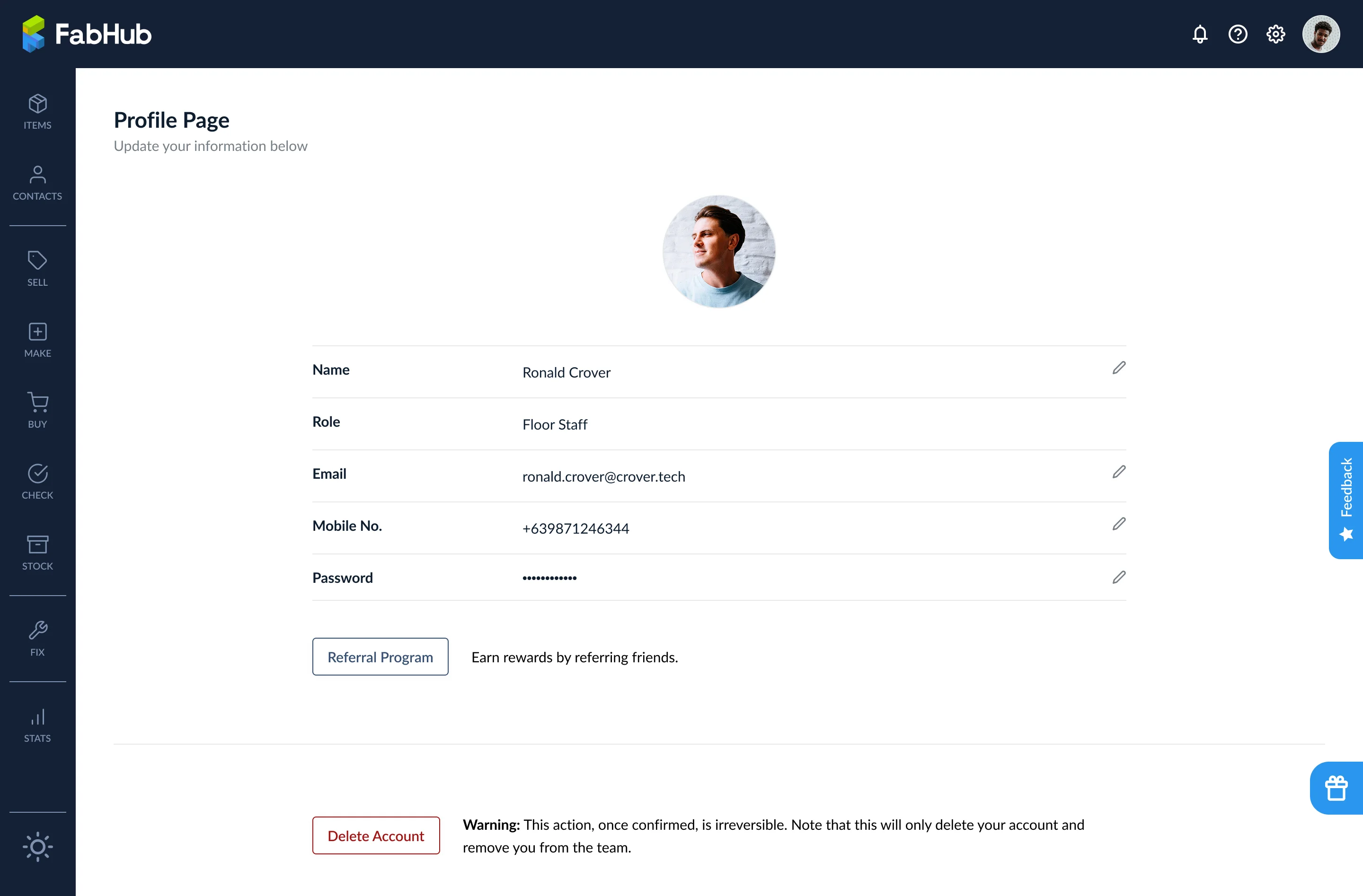 Dashboard Profileinstellungen mit bearbeitbaren Feldern für Name, E-Mail, Mobilnummer und Passwort