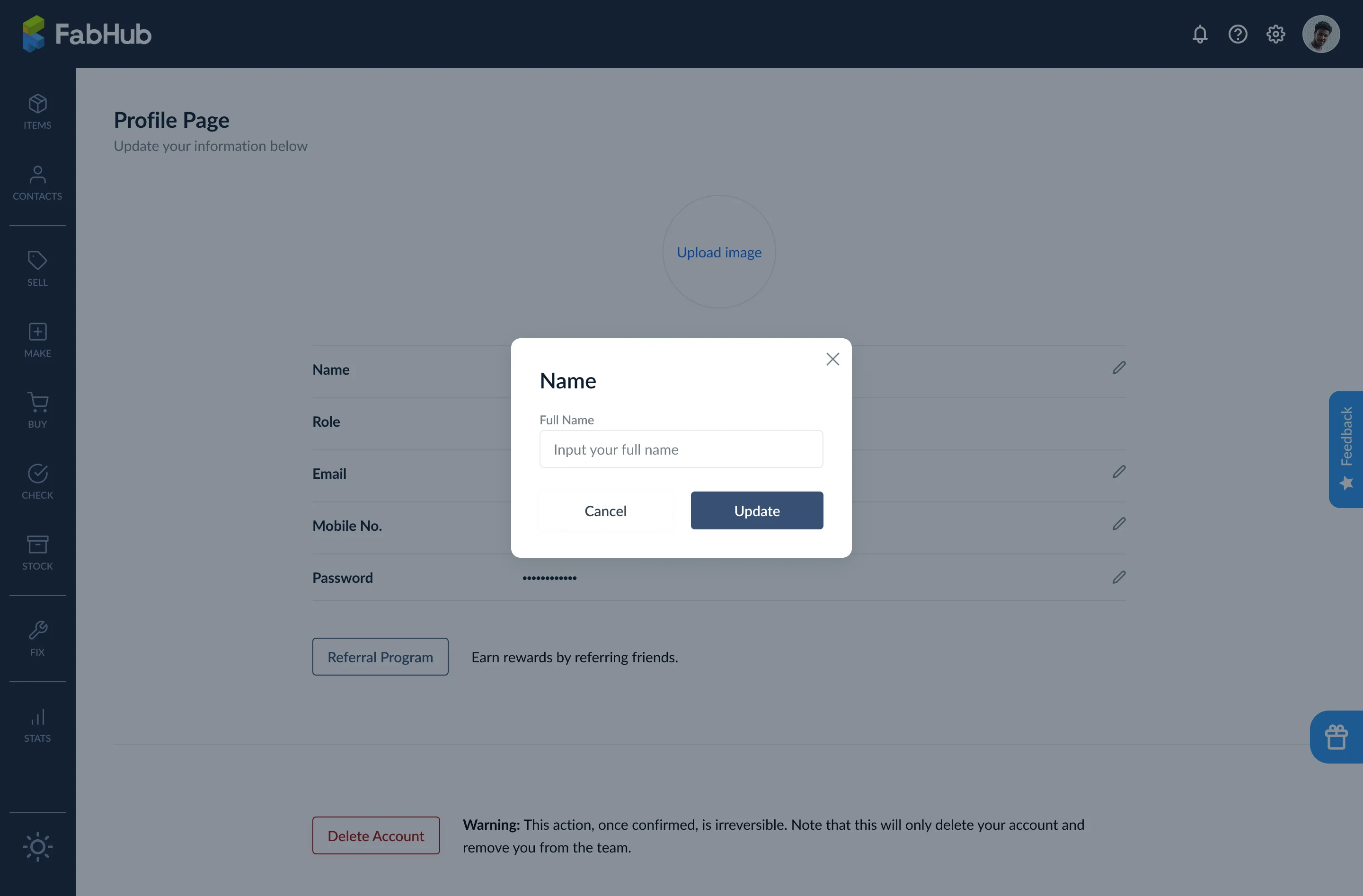 Modal Namen aktualisieren mit Eingabefeld und Update-Schaltfläche