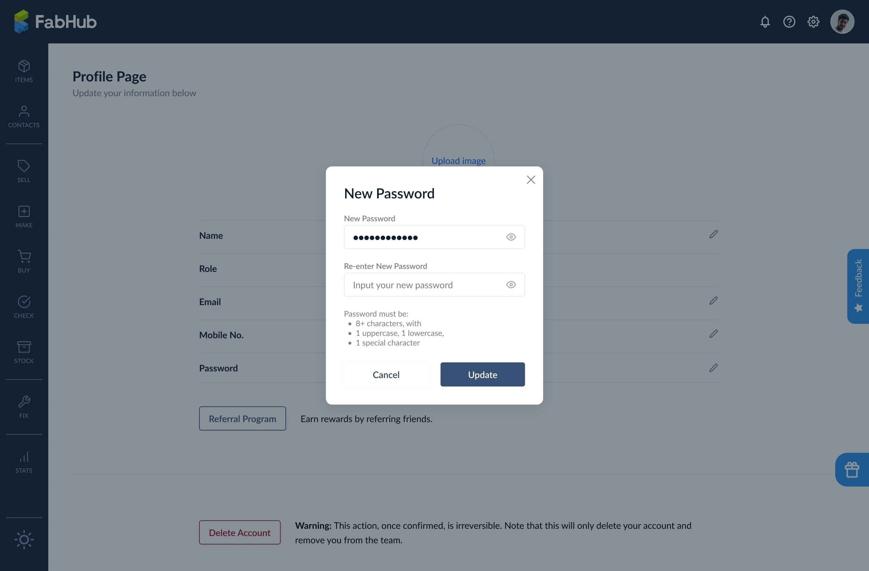 Modal Passwort ändern mit Feldern für neues Passwort und Bestätigung